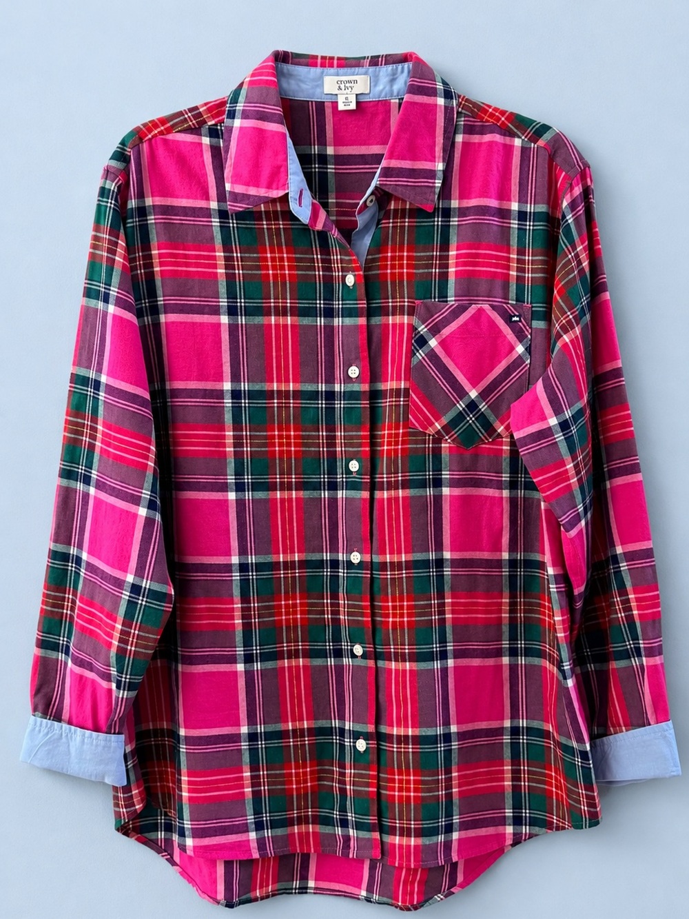 Crown & Ivy Pink Plaid Button Down Shirt Size Small
